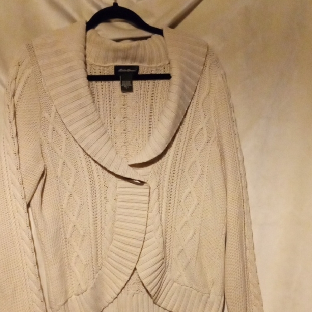 Eddie Bauer Cream Cardigan with Cowl Neck and Cable Knit Design
